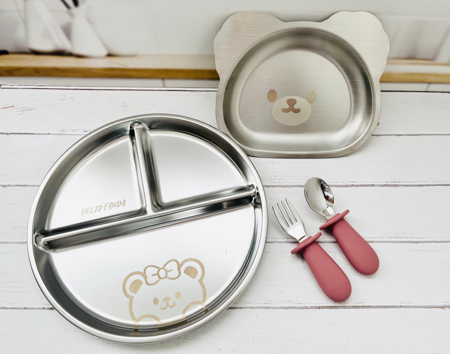 Set platos y cubiertos acero inoxidable ositos