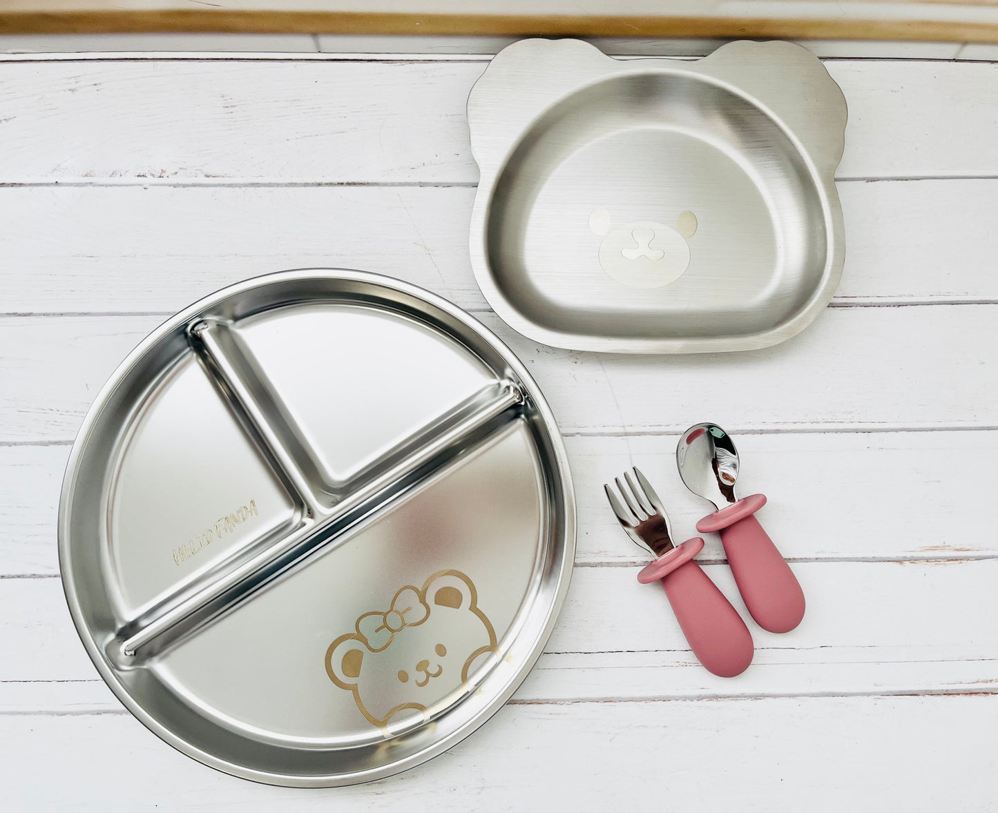 Set platos y cubiertos acero inoxidable ositos