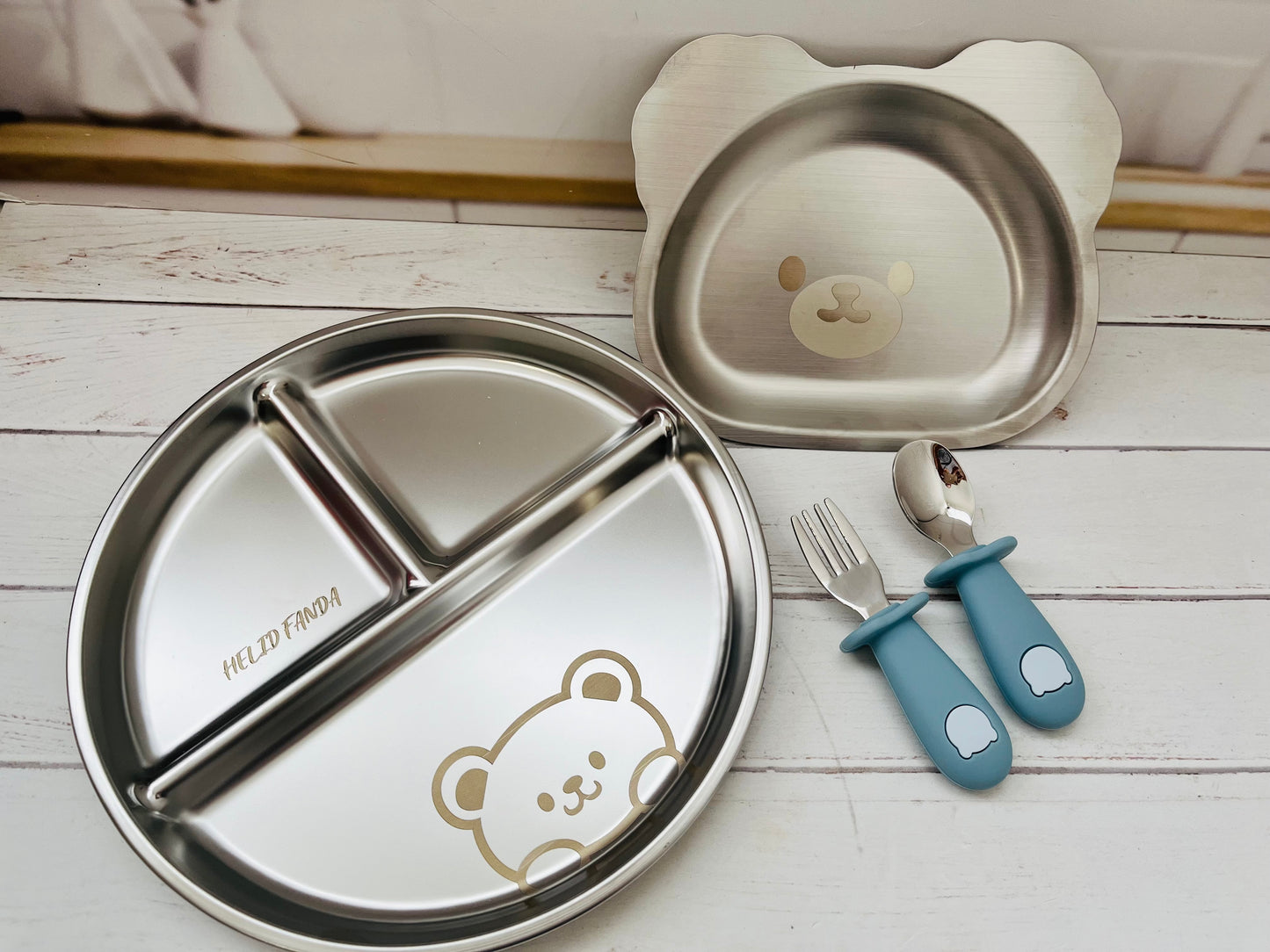 Set platos y cubiertos acero inoxidable ositos