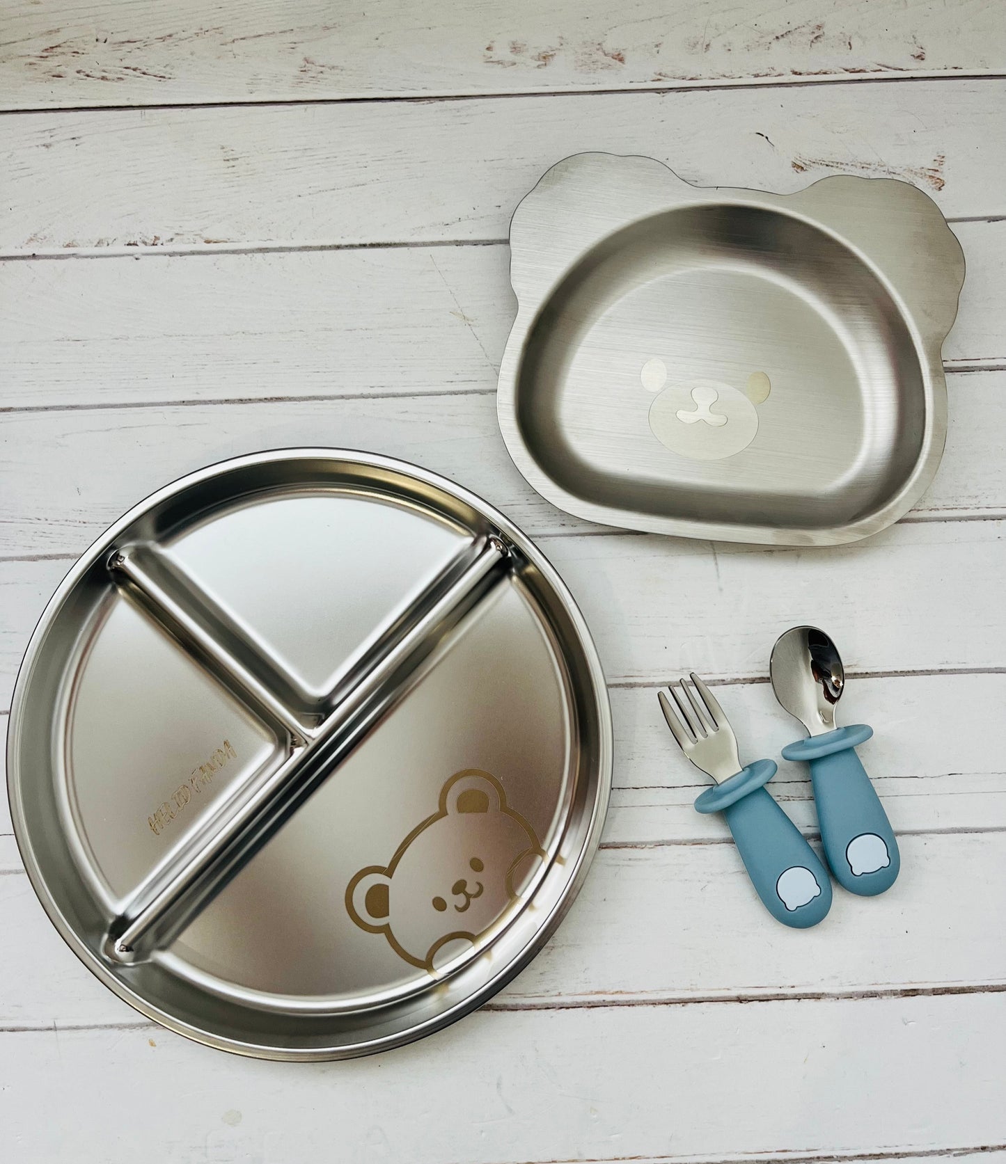 Set platos y cubiertos acero inoxidable ositos