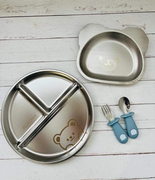 Set platos y cubiertos acero inoxidable ositos