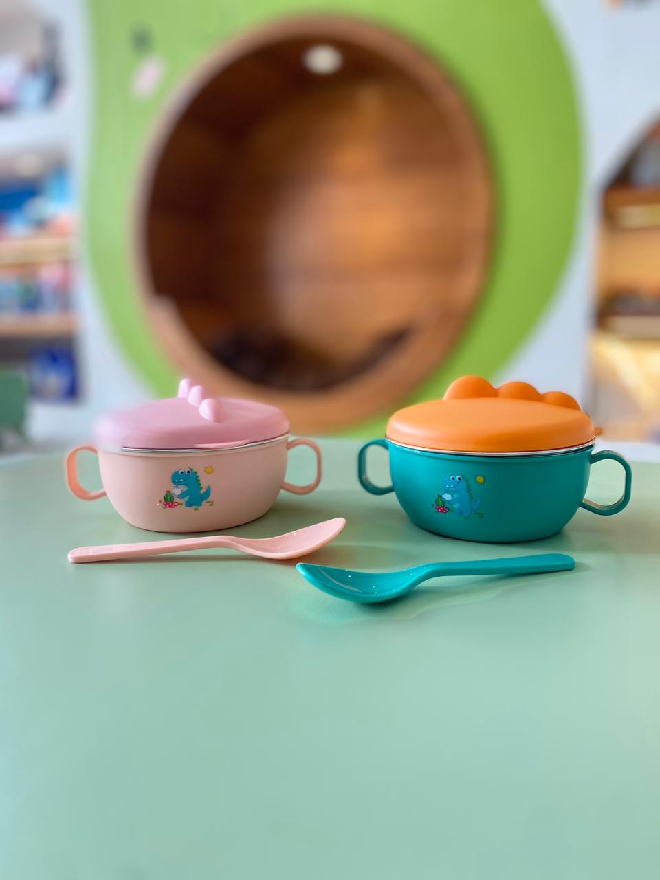 Tazón Dino Antiderrames con Cuchara silicon y acero inoxidable